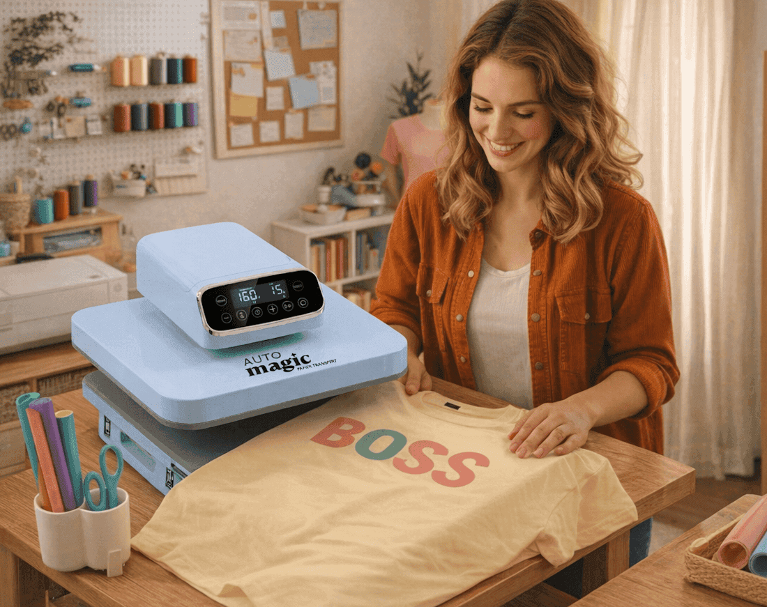 Créatrice souriante personnalisant un T-shirt « BOSS » avec la presse à chaud AutoMagic dans son atelier